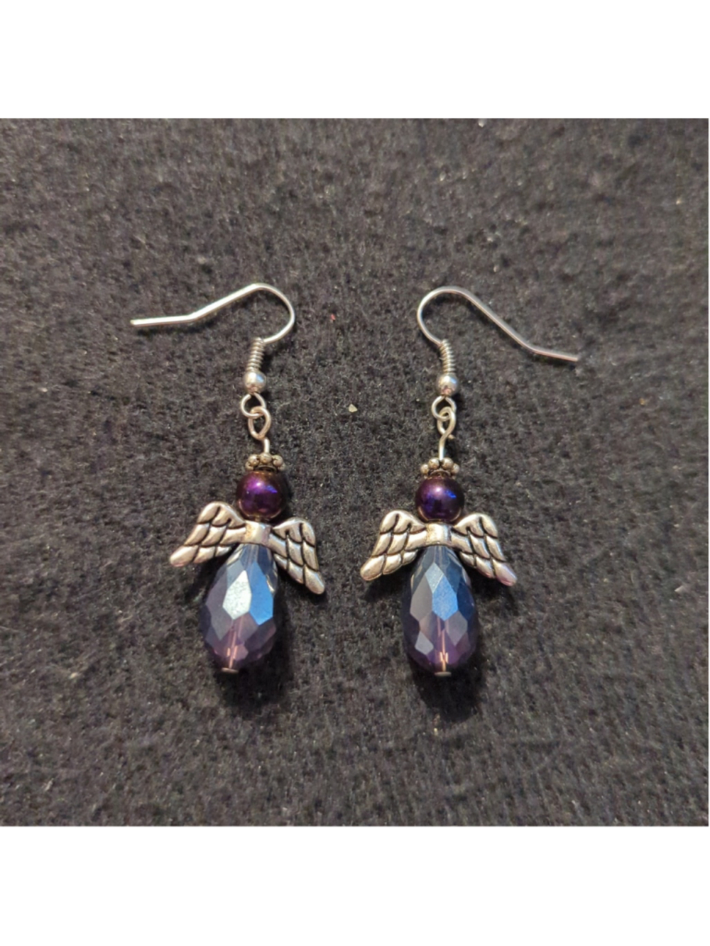 Silver Tone Purple Iridescent Angel Drop Dangle Statement Earrings